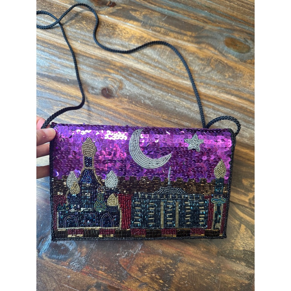 Vintage Style Beaded Cityscape Crossbody Clutch Purple Sequin Moon Star Bag 90's